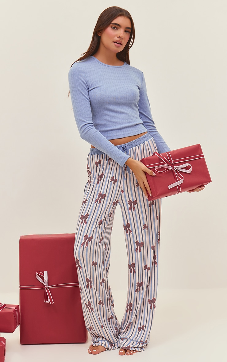 Blue Fitted Long Sleeve Pointelle Top and Christmas Pant PJ Set image 3