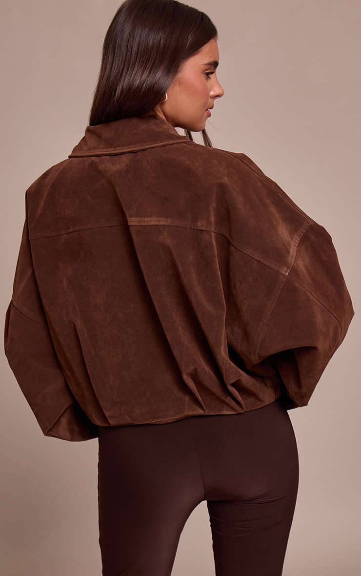 Chocolate Faux Suede Covered Placket Bomber Jacket image 2
