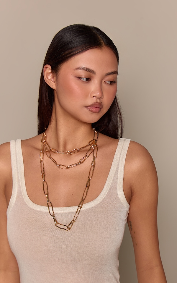 Gold Smooth Molten Link Layered Chain Necklace