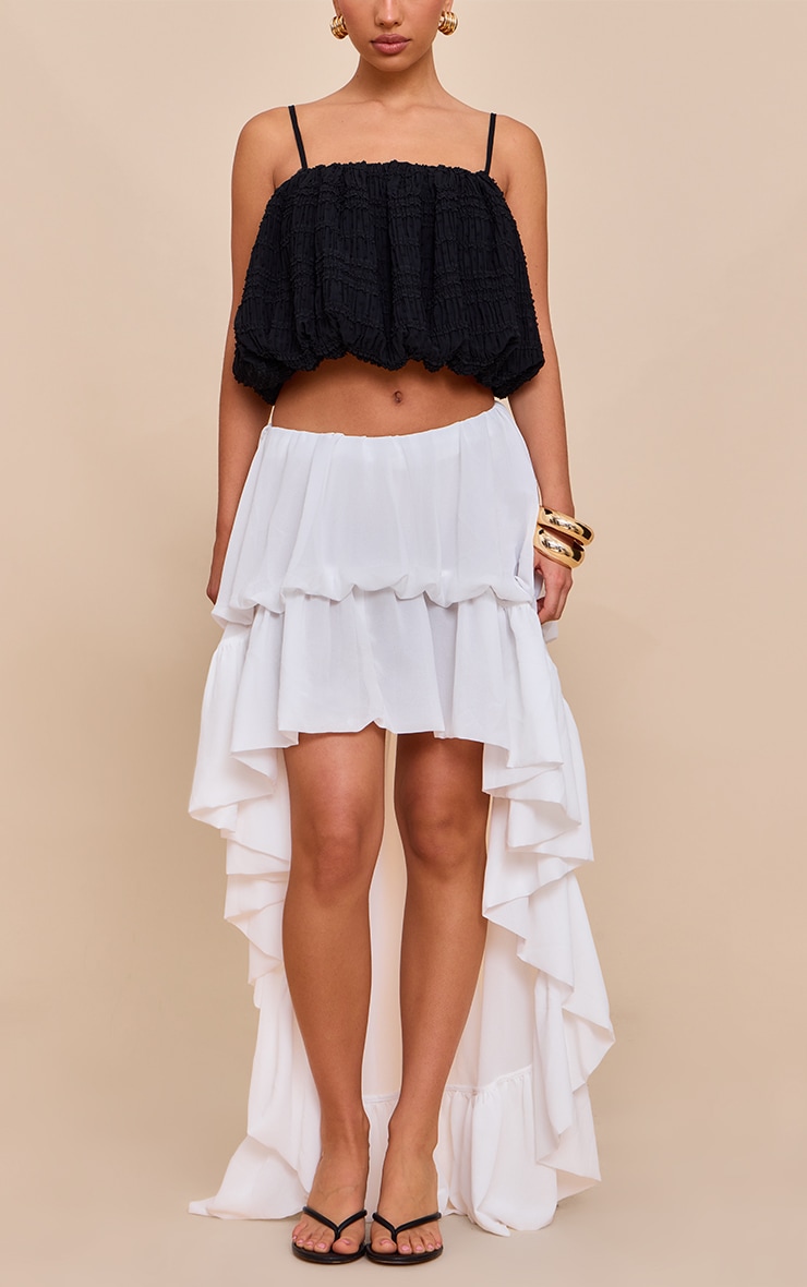 White Chiffon Tiered Puffball Waterfall Style Maxi Skirt image 2