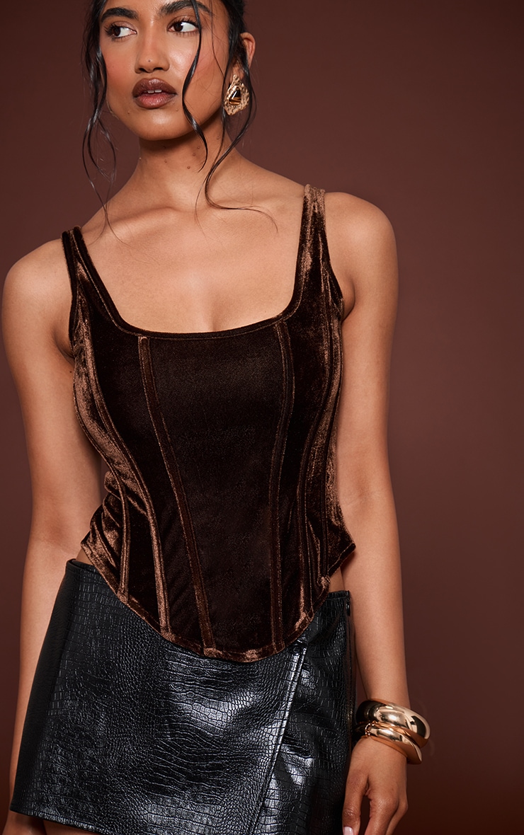 Chocolate Velvet Boned Dip Hem Longline Corset | Tops | PLT USA