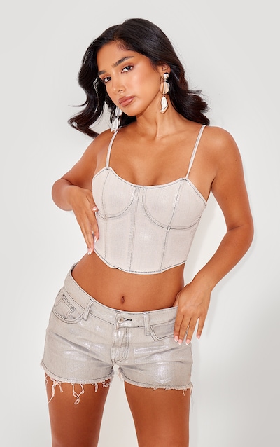 Petite Silver Metallic Denim Corset Top