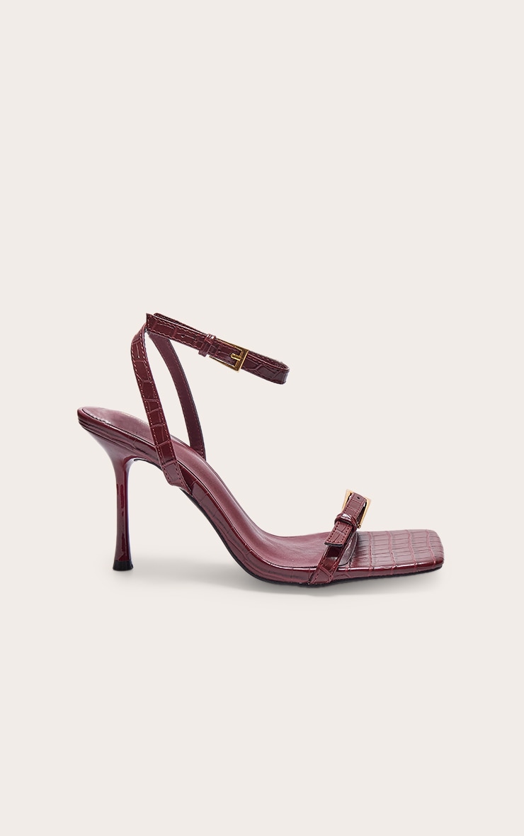 Burgundy PU Square Toe Double Buckle High Stiletto Heeled Sandals image 1