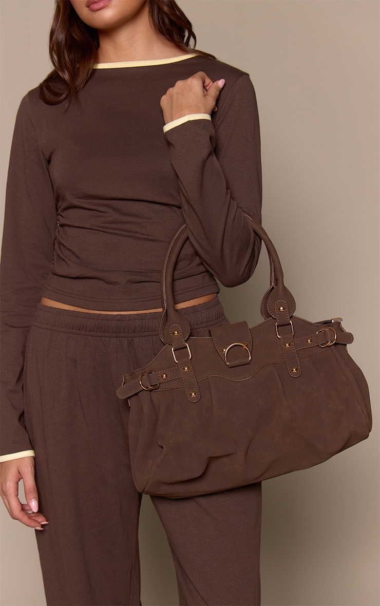 Chocolate Faux Suede Ruched Handbag