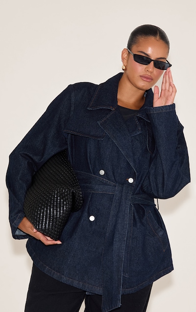 Plus Indigo Cropped Belted Denim Trench