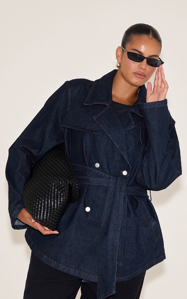 Plus Indigo Cropped Belted Denim Trench