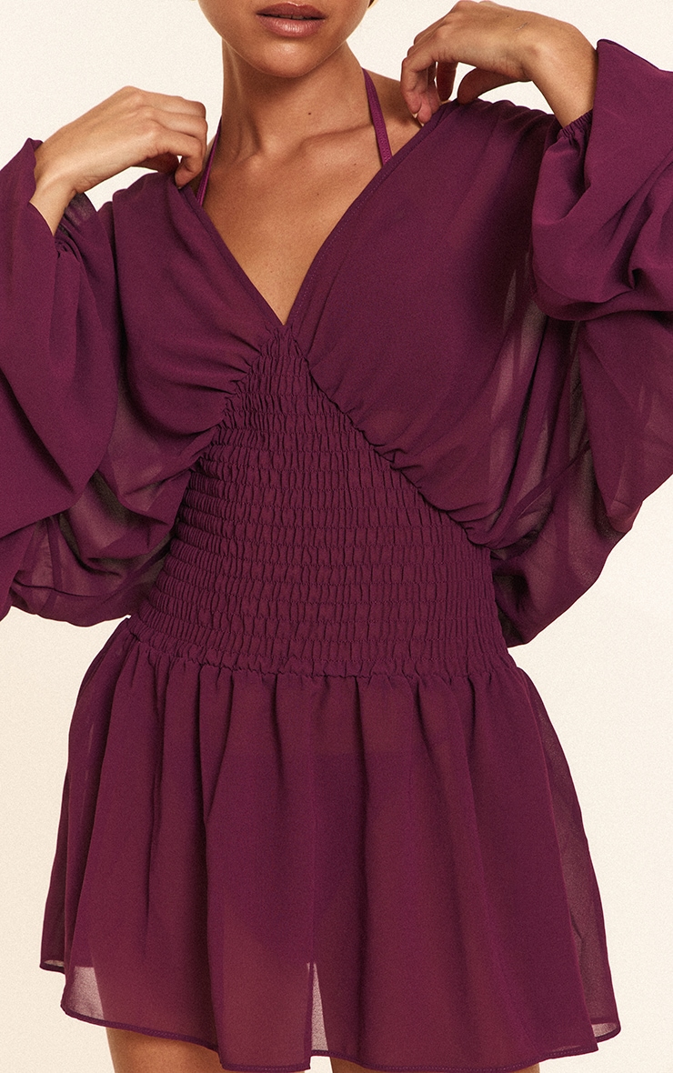 Purple Chiffon Shirred Waist Mini Beach Dress image 4