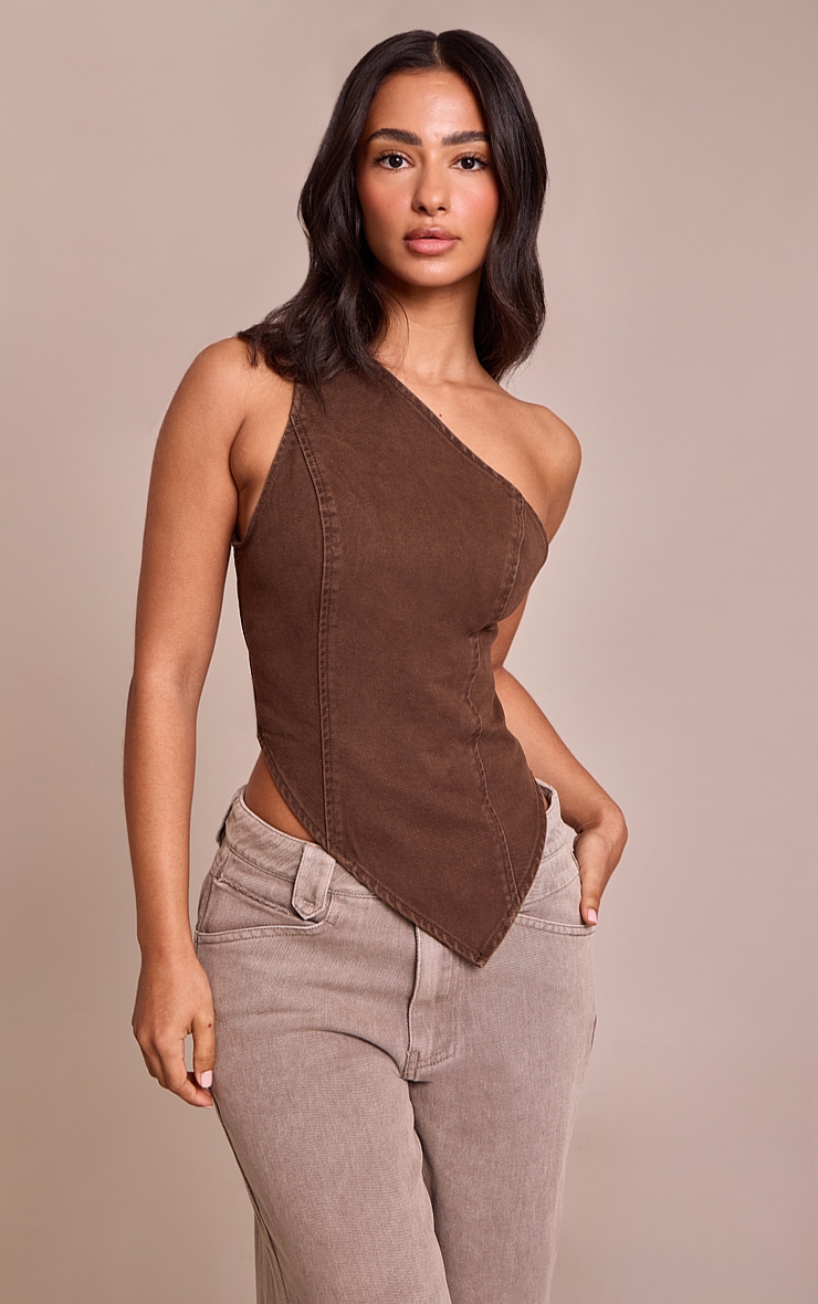 Petite Chocolate Denim Asymmetric Top