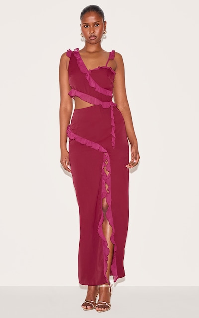 Wine Chiffon Frill Cut Out Maxi Dress