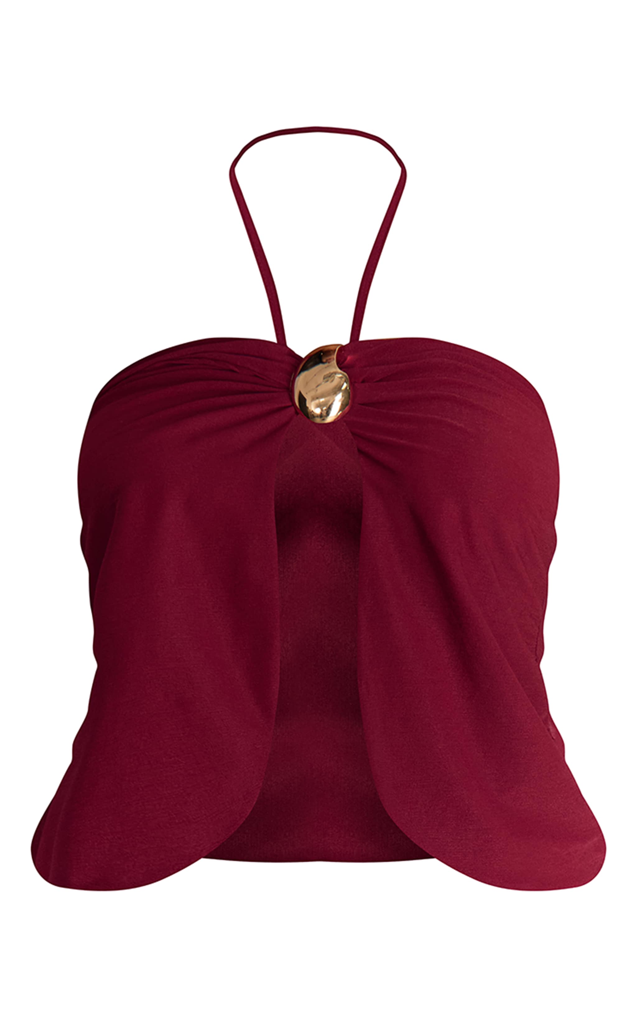 Top en mousseline de soie rouge profond à dos nu et empiècement doré image 5