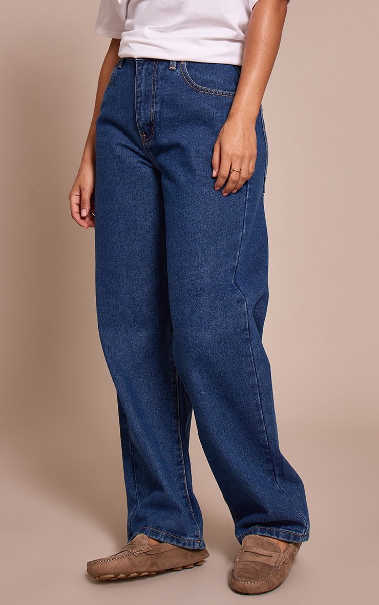 PRETTYLITTLETHING Petite Dark Blue High Waist Boyfriend Jean image 2