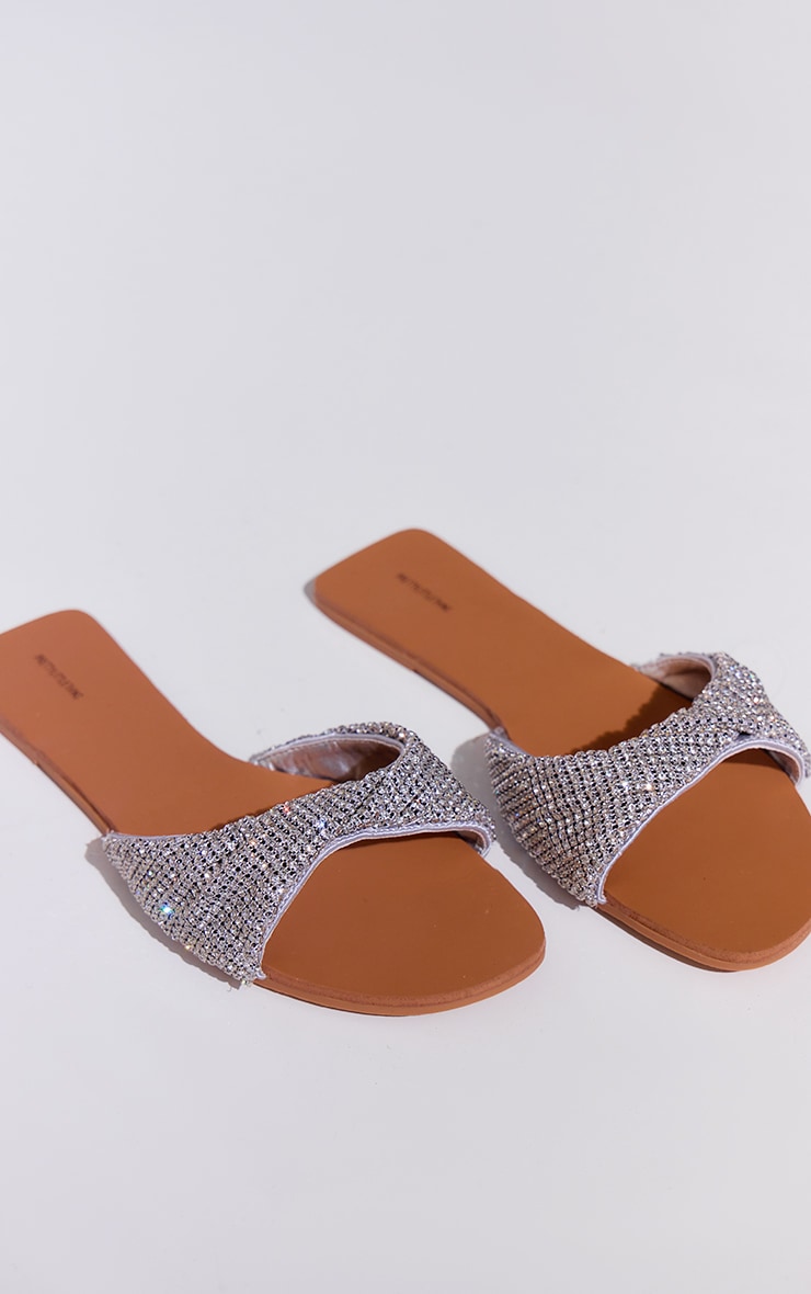 Silver Pu Round Toe Diamante Strap Flat Sandals image 3