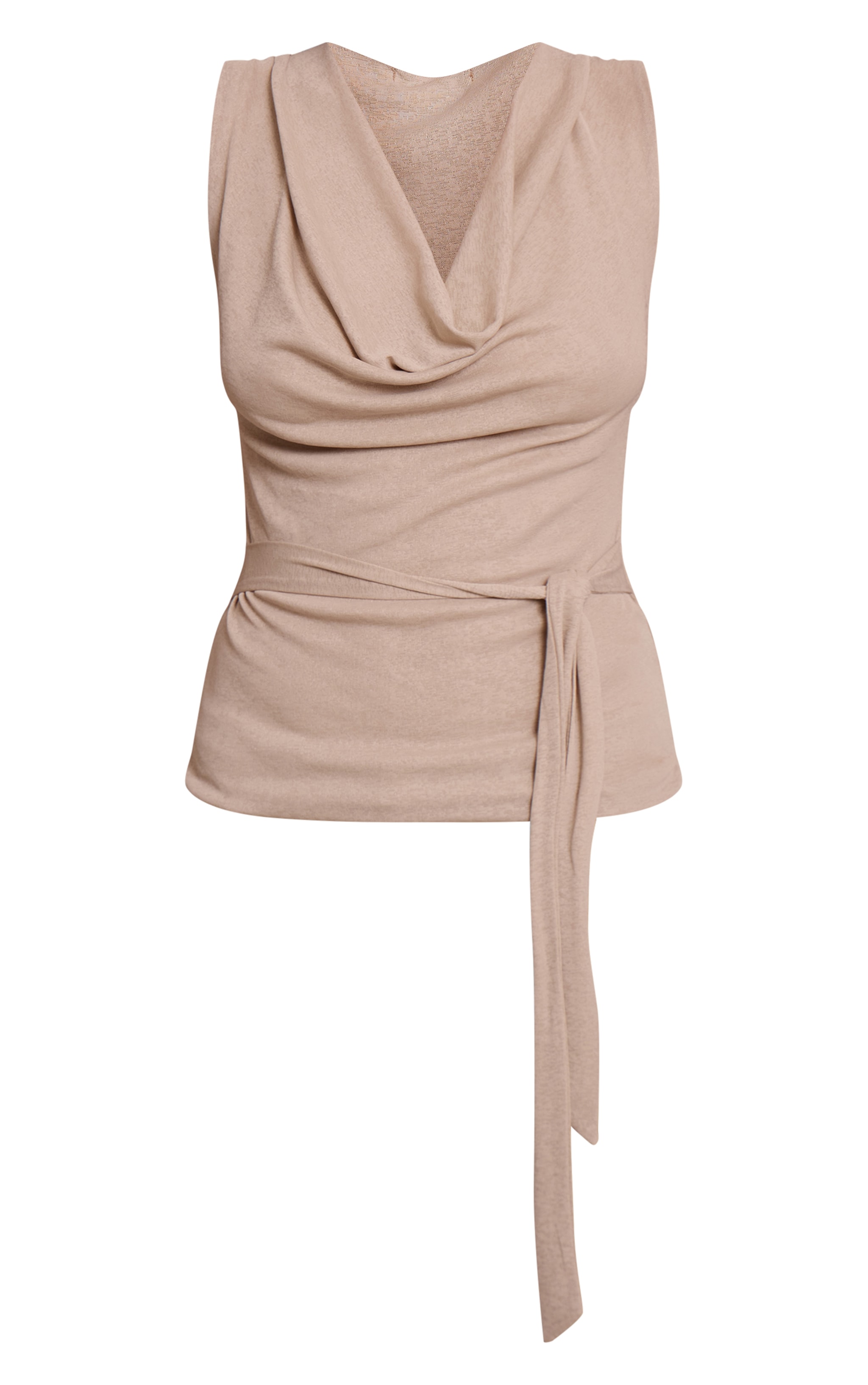 Beige Burnout Mesh Tie Waist Detail Cowl Neck Long Top image 5