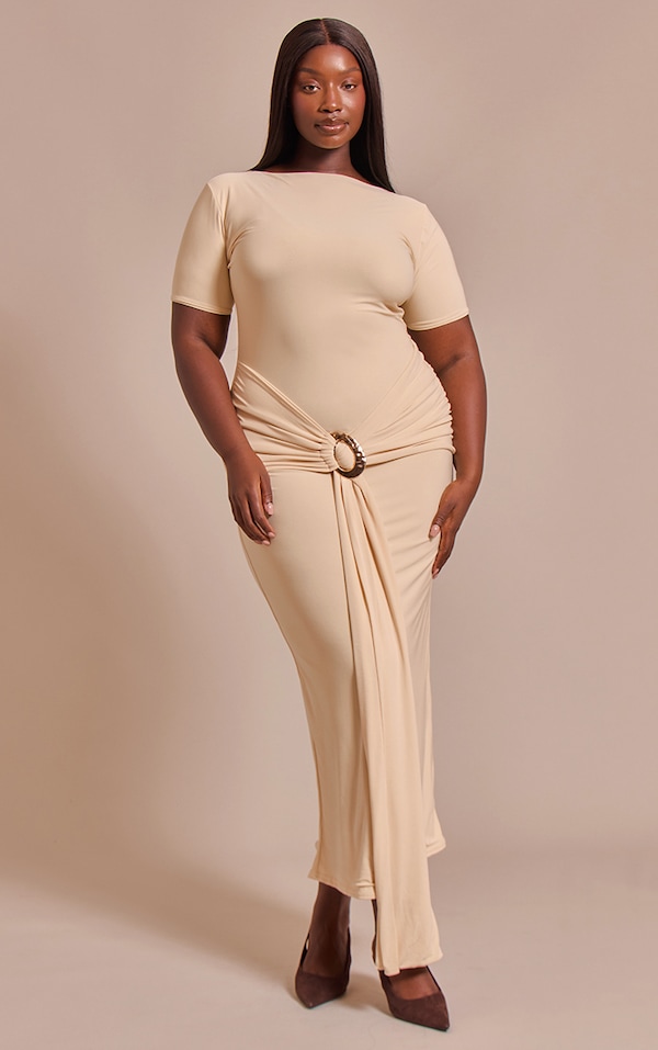 Plus butter cream Boat Neck Wrap Waist Detail Maxi Dress