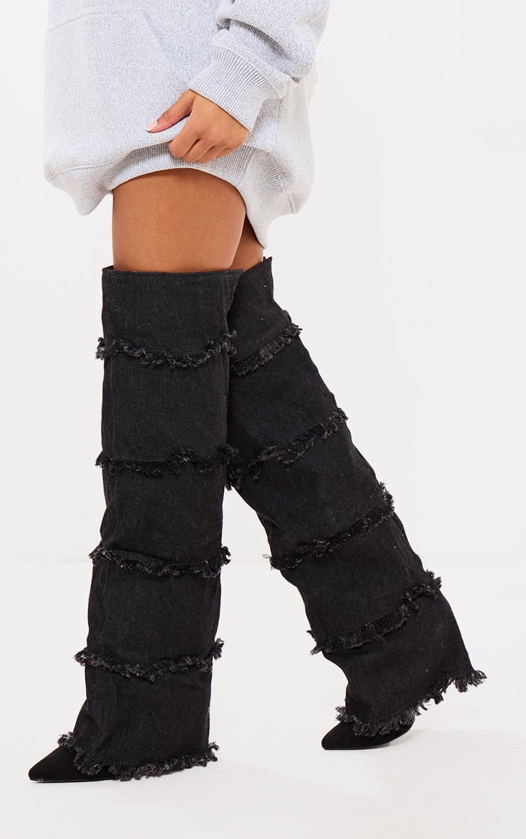 Black Denim Point Toe Fold Over The Knee High Heeled Boots image 3