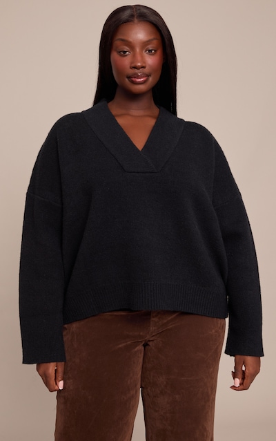 Plus Black Contrast Collar Deep V Neck Slouchy Jumper