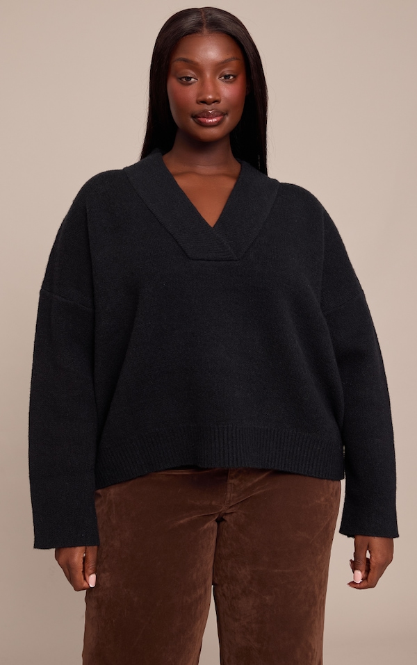 Plus Black Contrast Collar Deep V Neck Slouchy Sweater