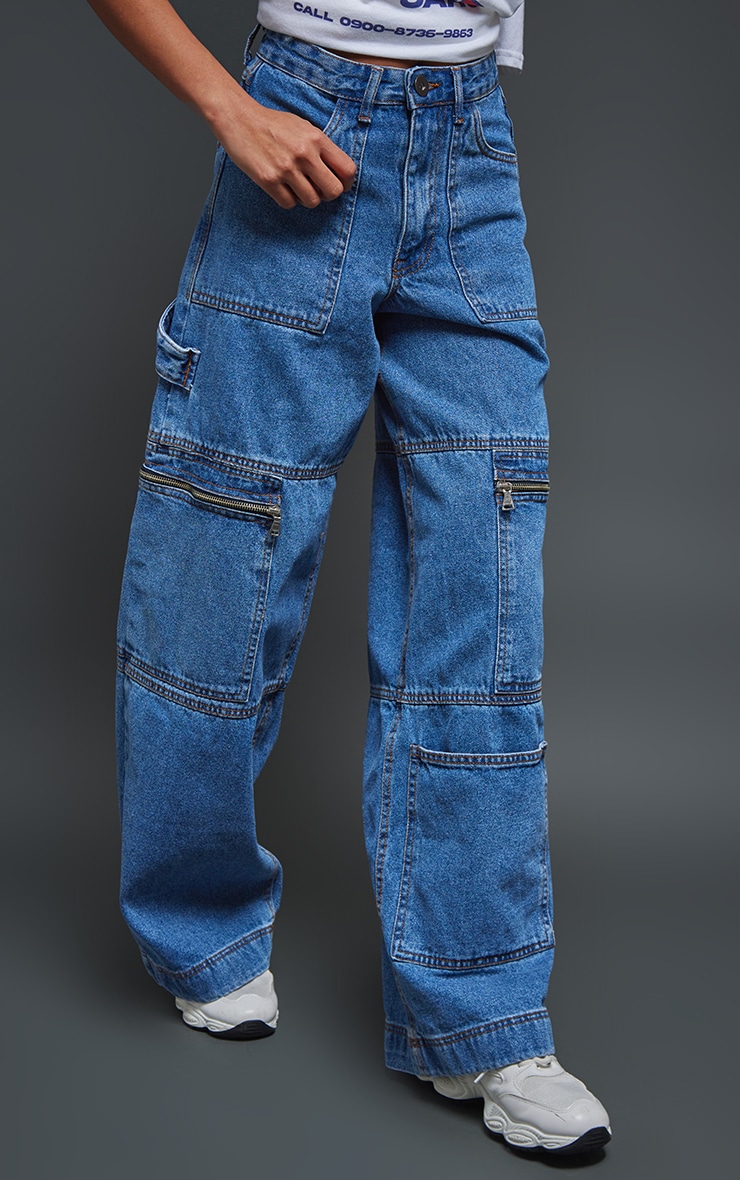 Mid Blue Wash Extreme Oversized Cargo Pocket Jeans PrettyLittleThing