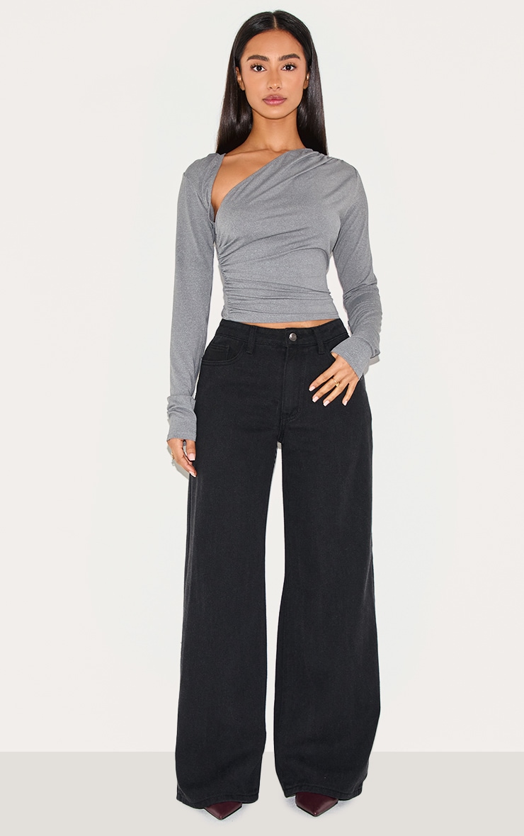 Petite Charcoal Slinky Long Sleeve Ruched Side Top image 3