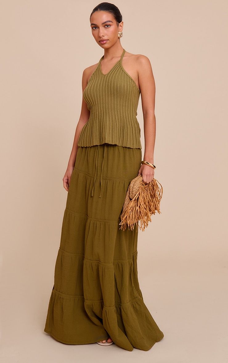 Olive Cotton Tiered Drawstring Waist Maxi Skirt image 1