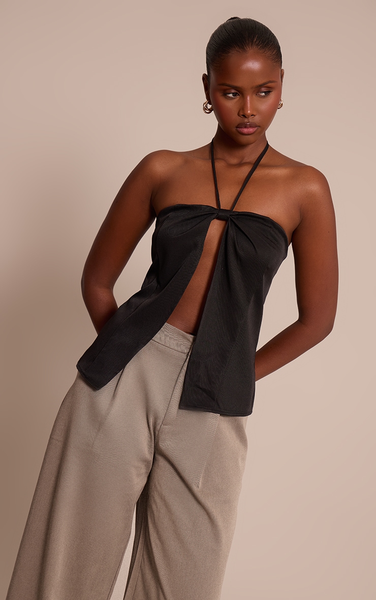 Black Woven Spilt Detail Halterneck Top image 1