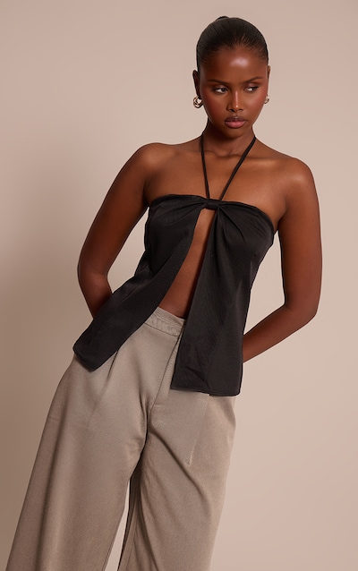 Black Woven Spilt Detail Halterneck Top