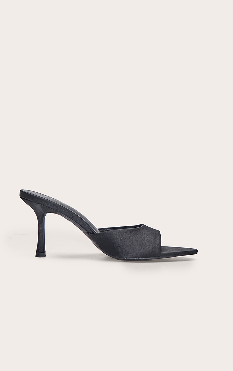 Black Satin Point Toe Heeled Mules image 2