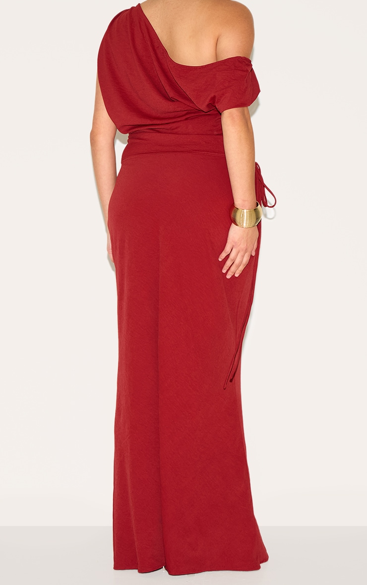 Plus Deep Red Floaty Woven Tie Side Low Rise Maxi Skirt image 3
