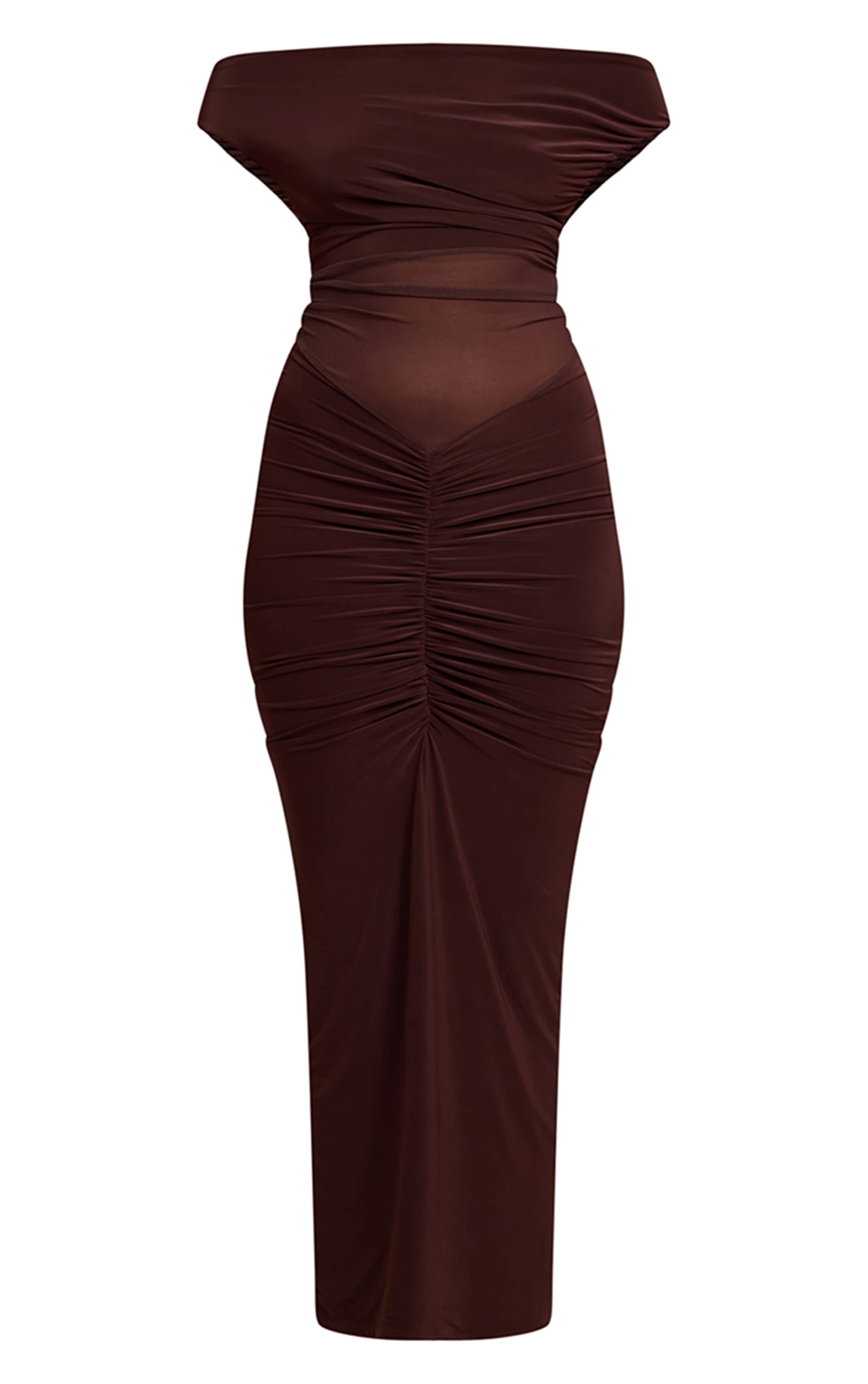 Robe longue en mesh chocolat à épaule unique et partie superposée image 5