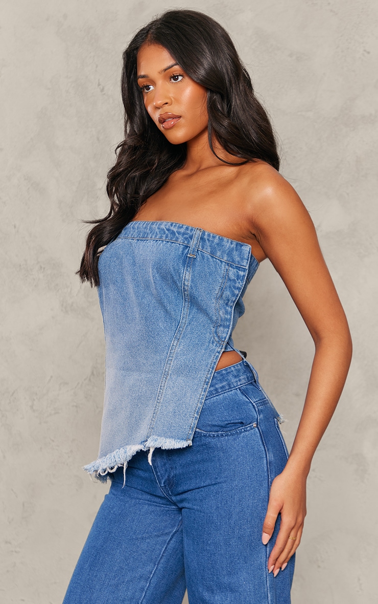 Tall Blue Bandeau Ombre Denim Asymmetric Hem Top