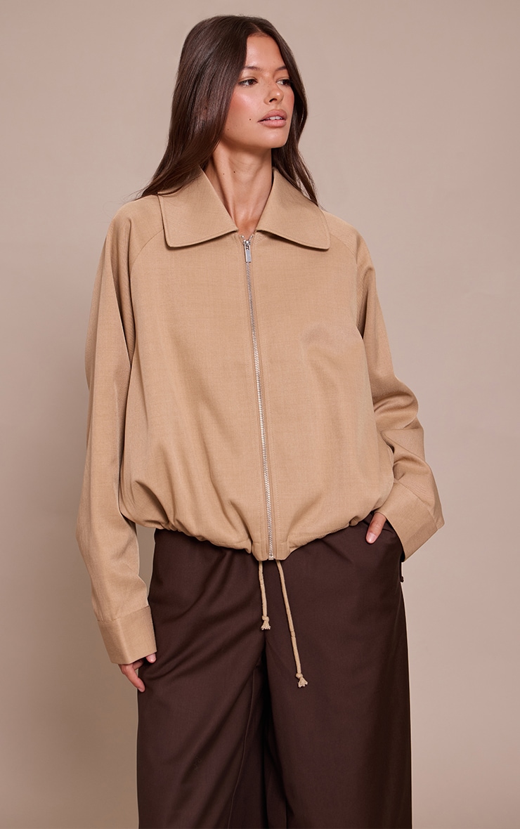 Beige Utility Style Draw Cord Bomber Jacket image 1
