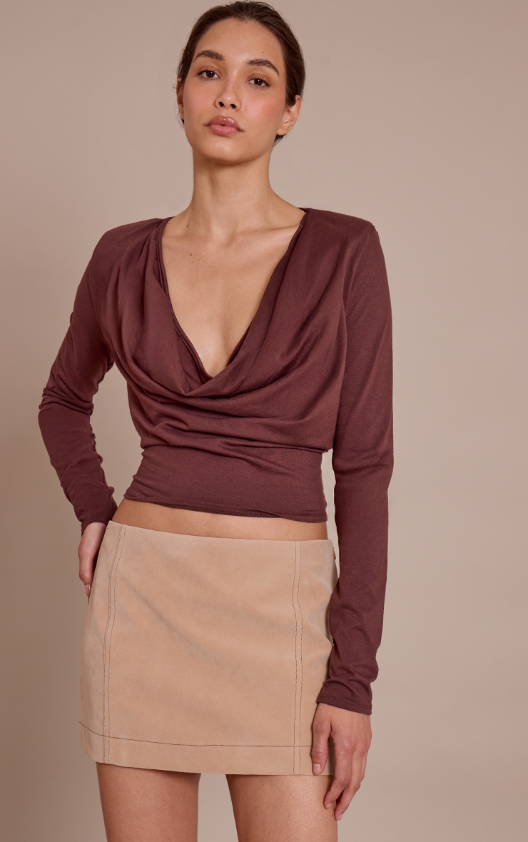 Chocolate Cotton Cowl Neck Shoulder Pad Long Sleeve Top  image 1