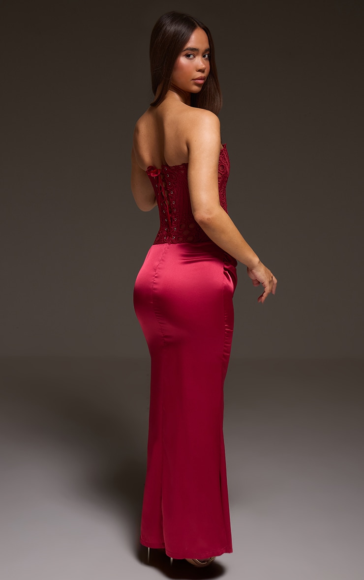 Burgundy Corset Detail Satin Ruched Maxi Dress image 2