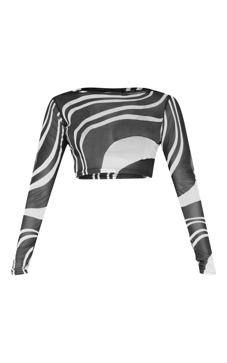 Monochrome Abstract Printed Mesh Long Sleve Crop Top image 5