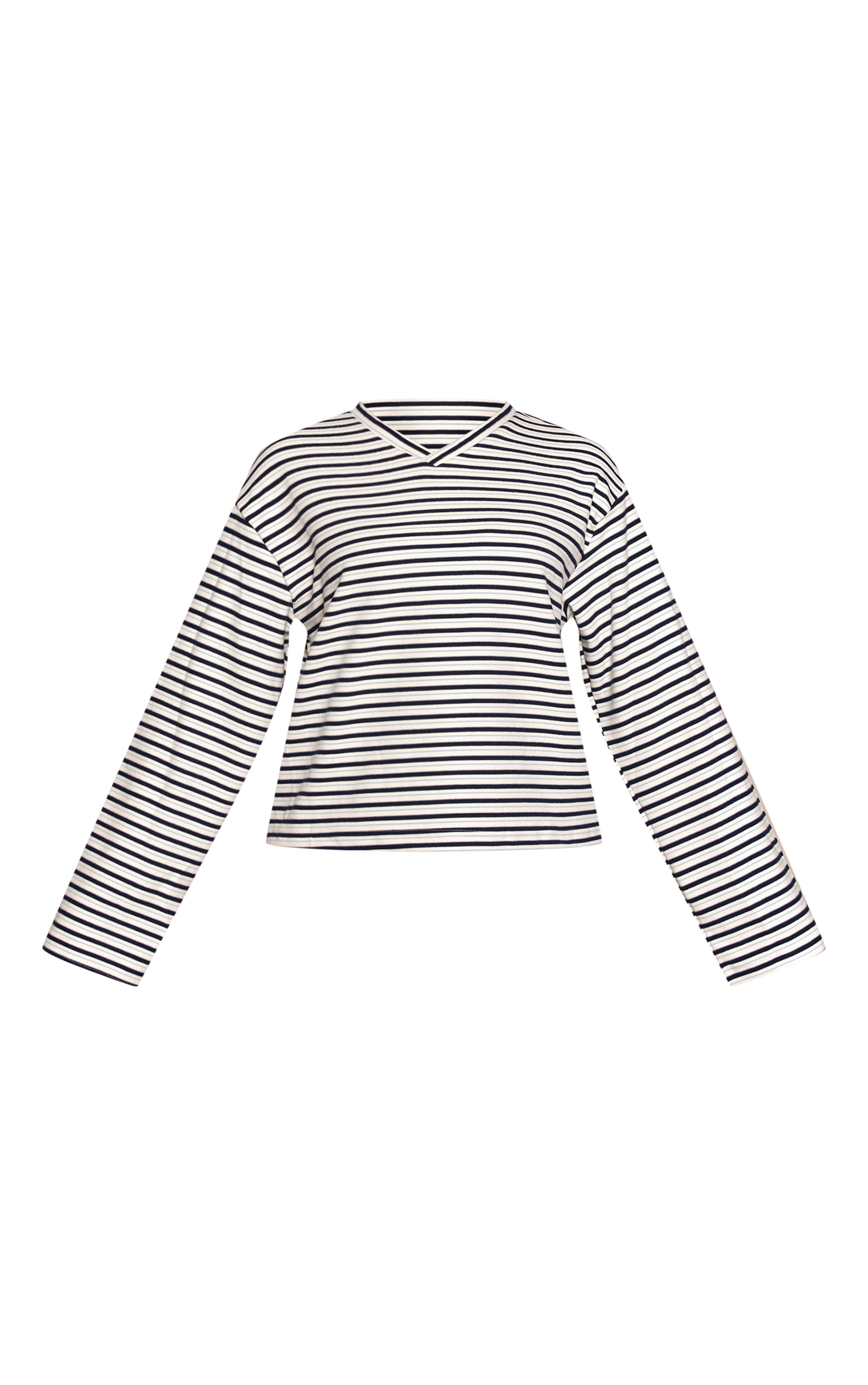 Petite Cream Stripe Soft Touch Cropped V Neck Top image 5