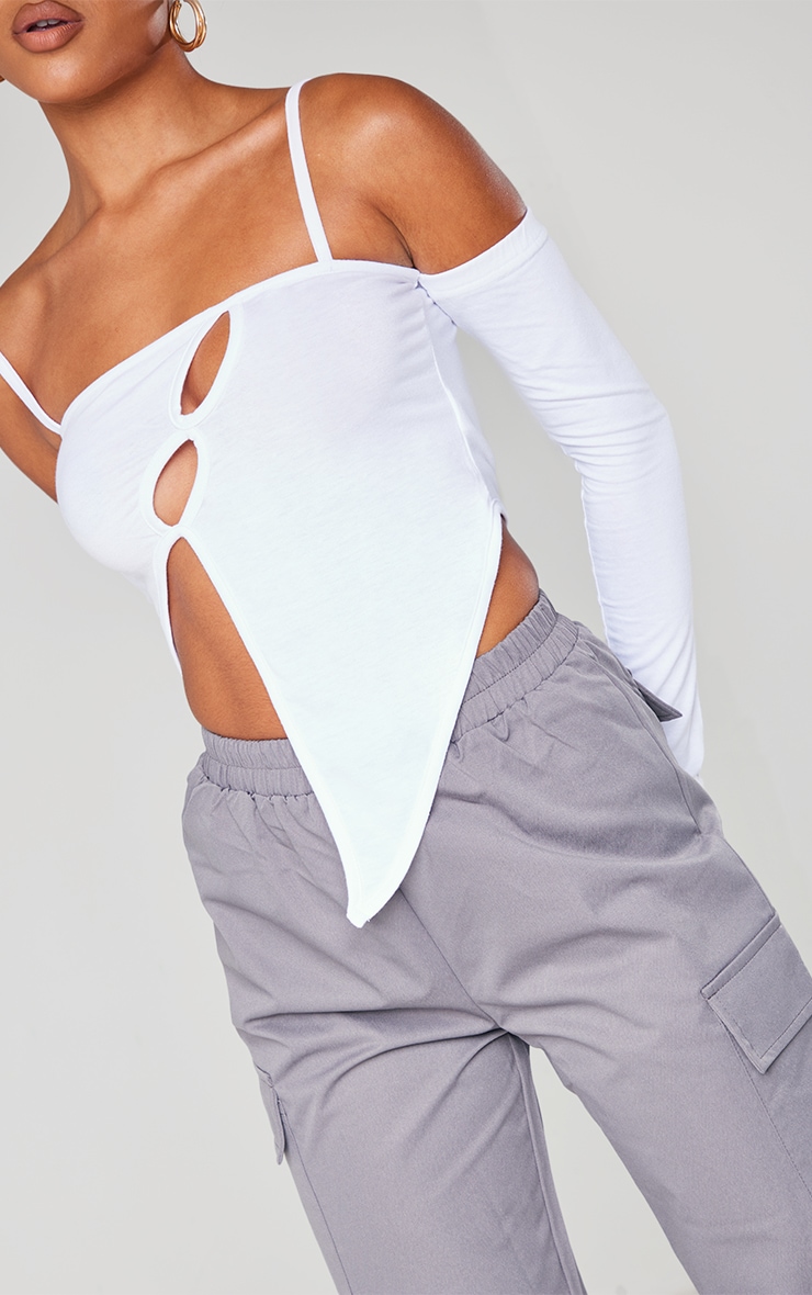 White Jersey Cold Shoulder Asymmetric Strappy Crop Top image 4