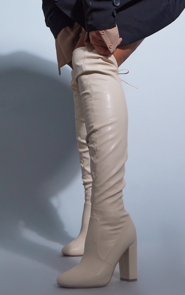 Cream Faux Leather Round Toe Block Heel Over The Knee Boots image 2