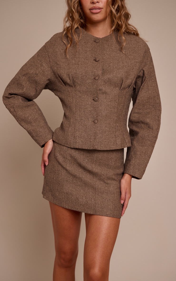 Brown Tweed Tailored Woven Micro Mini Skirt image 2