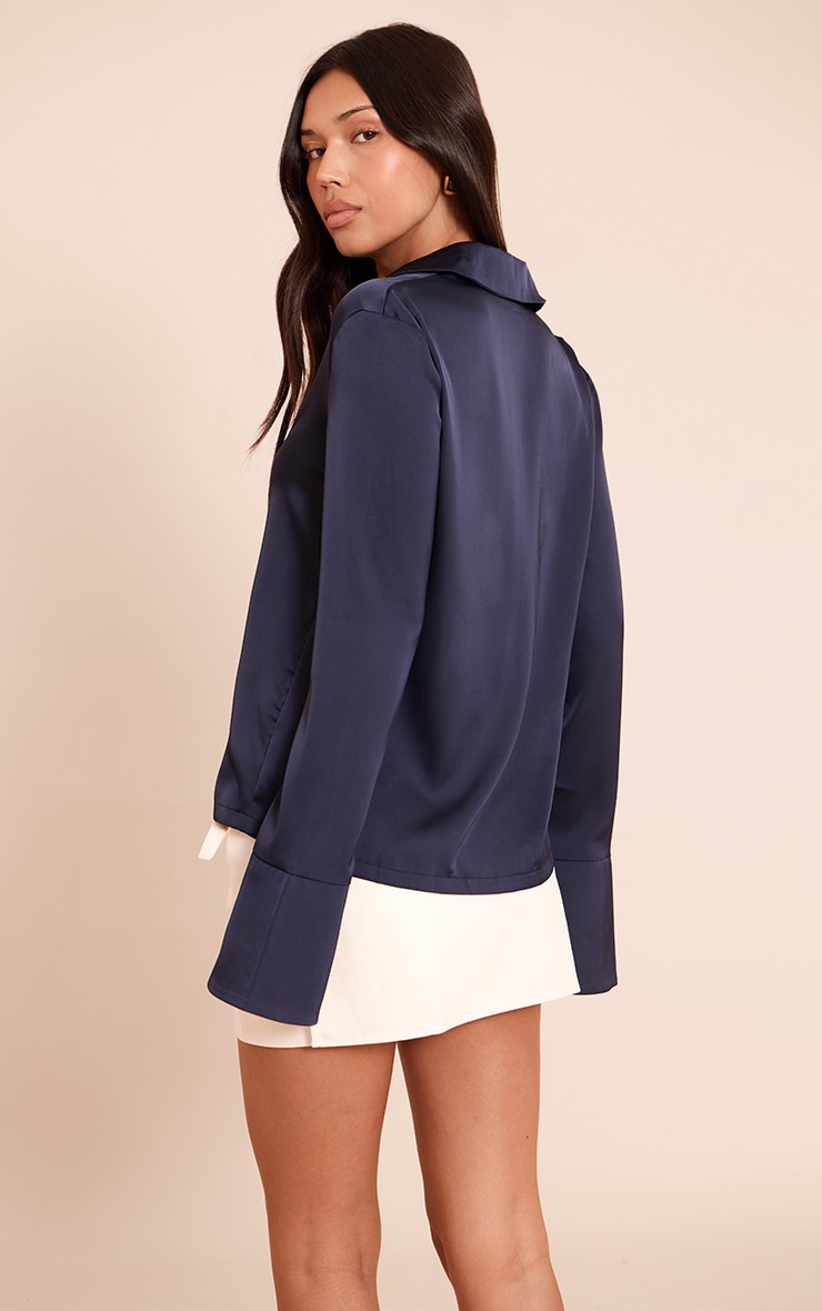 Navy Satin Hook And Eye Detail Oversized Shirt