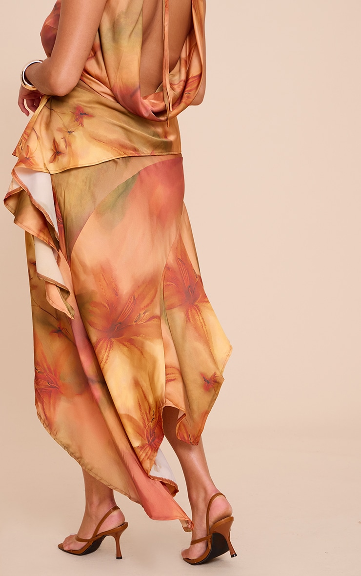 Plus Burnt Orange Printed Satin Asymmetric Ruffle Midi Skirt image 3