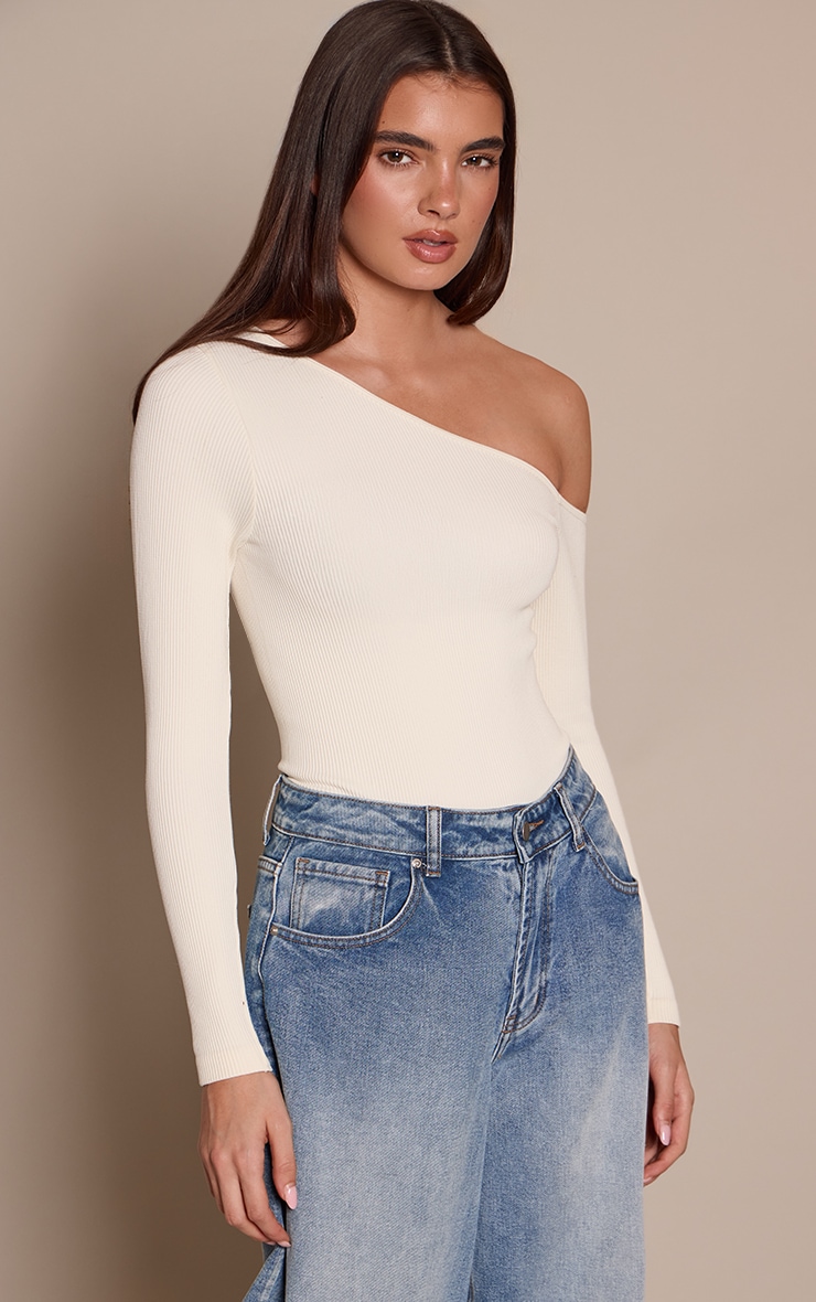 Cream Snatched Rib Asymmetric Long Sleeve Bodysuit