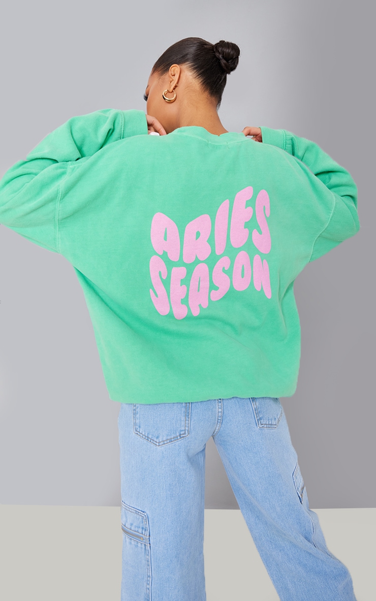 Bright Green Aries Season Contrast Print Washed Sweatshirt 1