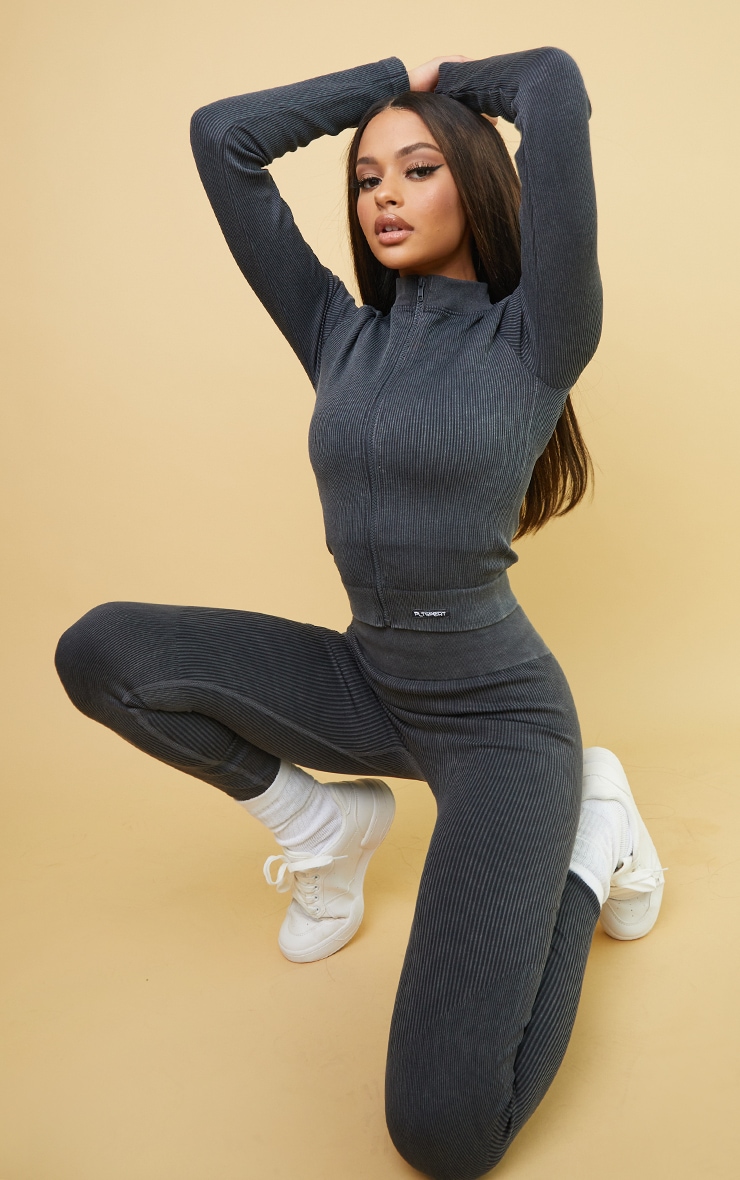 Charcoal Acid Wash Seamless Ribbed Zip Up Cropped Sports Jacket image 3