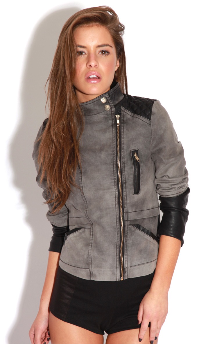 Sasha Charcoal Canvas Biker Jacket | PrettyLittleThing