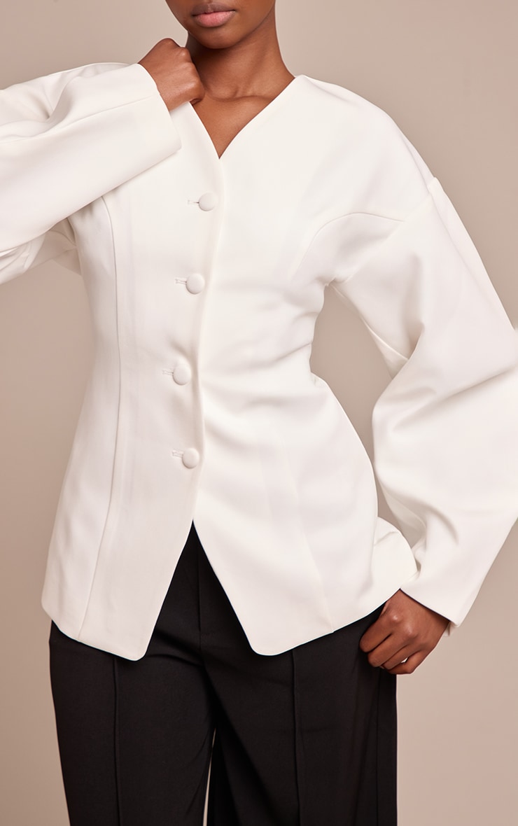 Cream Collarless Fabric Covered Button Blazer image 4