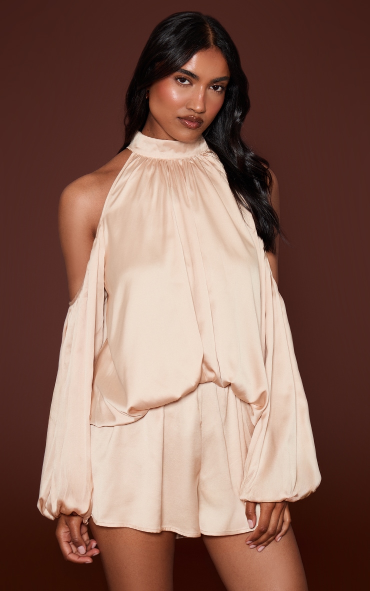 Champagne High Neck Cold Shoulder Romper image 1