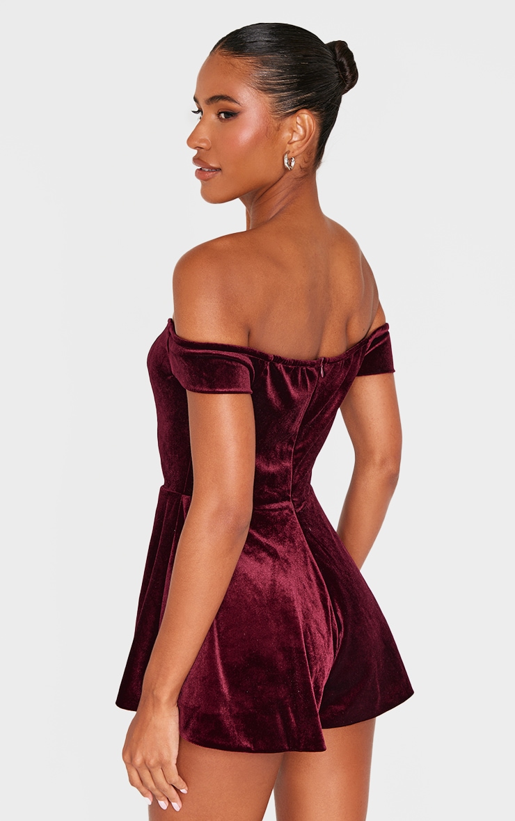 Burgundy Velvet Bardot Sweetheart Neckline Floaty Playsuit image 2