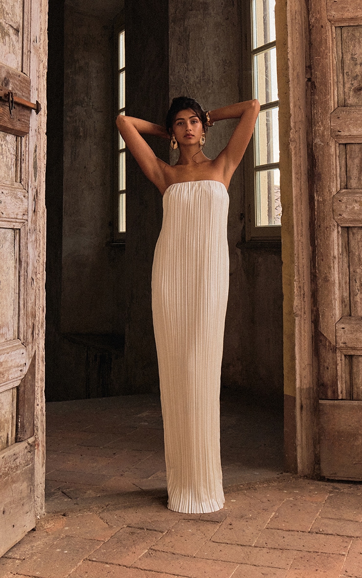 PLT Label Ivory Plisse Satin Column Bandeau Maxi Dress image 4