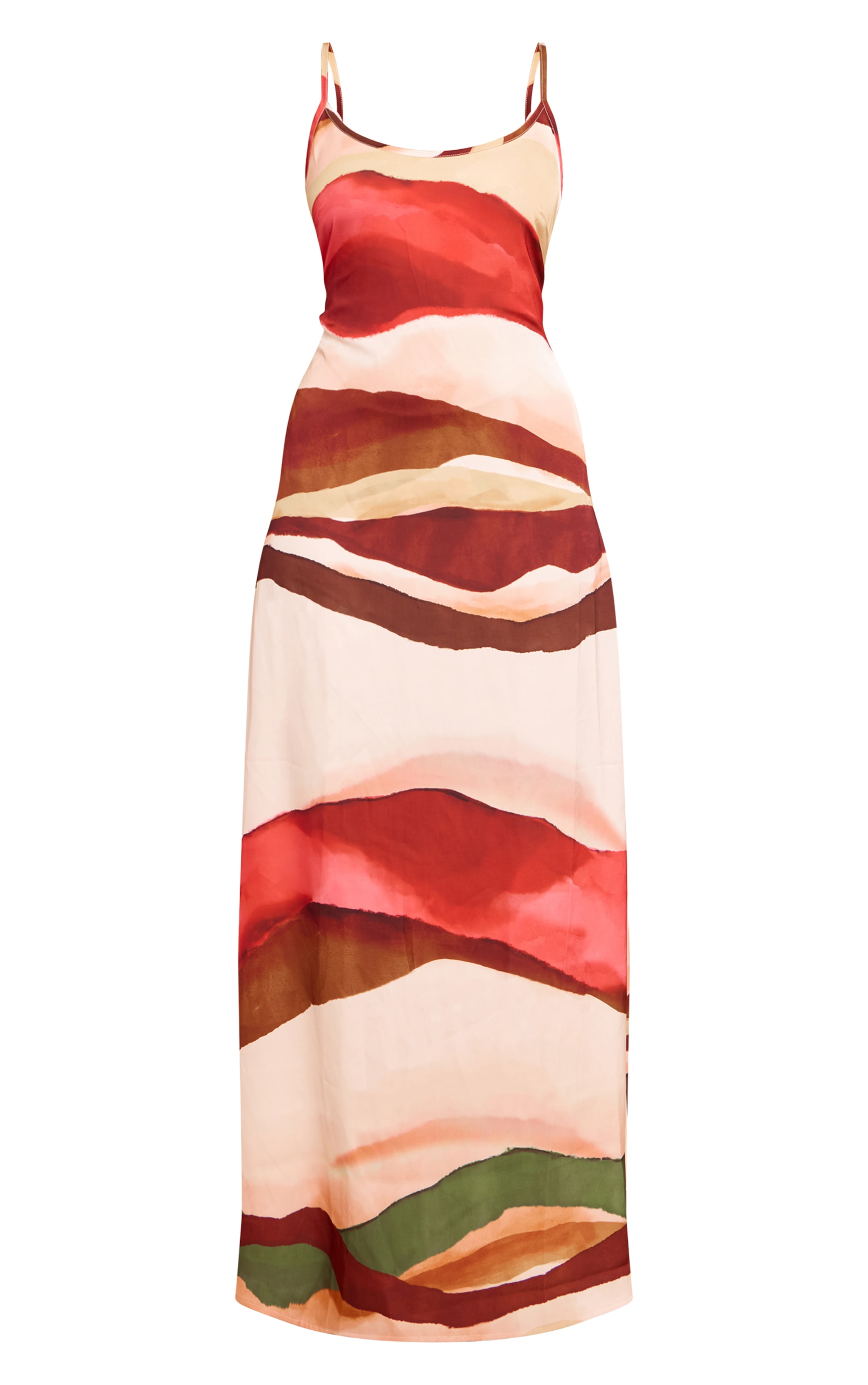 Cream Abstract Satin Scoop Neck Spaghetti Strap Maxi Dress image 5