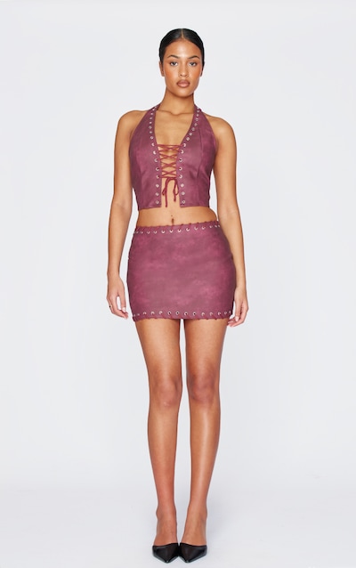 Tall Washed Red Faux Leather Eyelet Detail Mini Skirt
